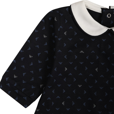 Shop Armani Collezioni Blue Playsuit For Baby Boy With All-over Eagle Logo