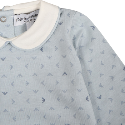Shop Armani Collezioni Light Blue Playsuit For Baby Boy With All-over Eagle Logo