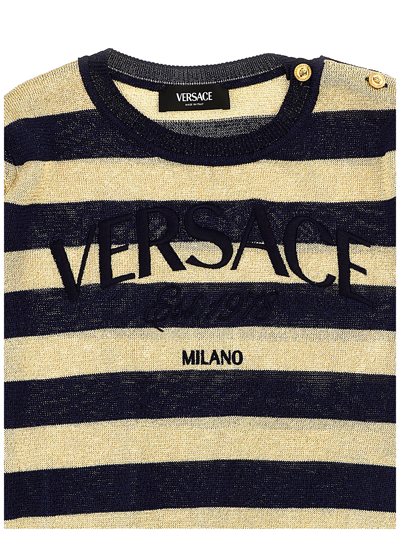 Shop Versace Lurex Striped Sweater With Logo Embroidery In Multicolor