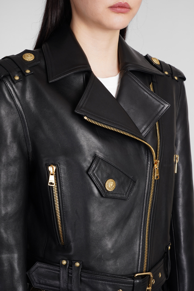 Shop Balmain Biker Jacket In Black Leather