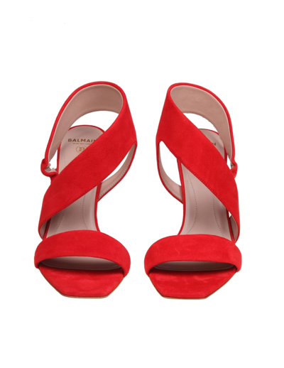 Shop Balmain Red Suede Coin Sandal In Rouge