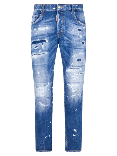 Shop Dsquared2 Medium Mended Rips Wash Skater Jeans In Blu