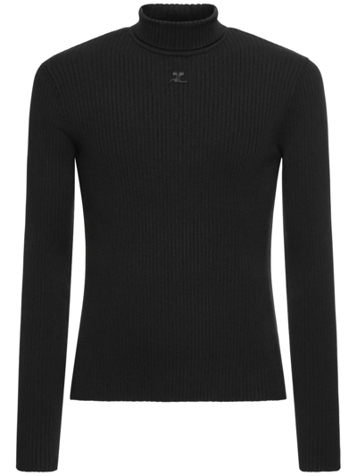 Shop Courrèges Long-sleeved Ribbed Knit Jumper In Nero