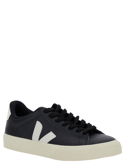 Shop Veja Campo Black Low Top Sneakers With Contrasting Logo In Leather Woman In White/black
