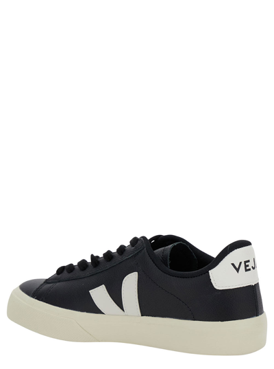 Shop Veja Campo Black Low Top Sneakers With Contrasting Logo In Leather Woman In White/black