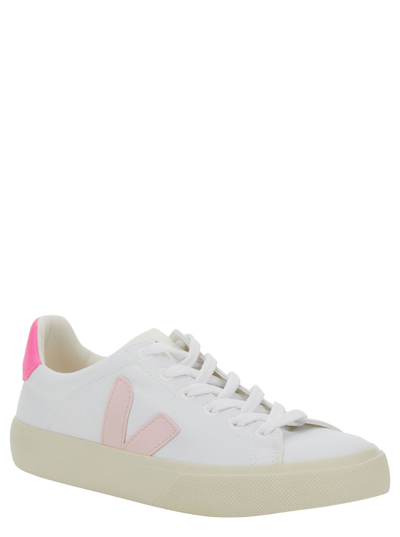 Shop Veja Campo White Low Top Sneakers With Pink Logo In Cotton Woman