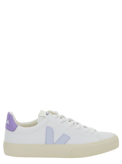 Shop Veja Campo White Low Top Sneakers With Violet Logo In Cotton Woman