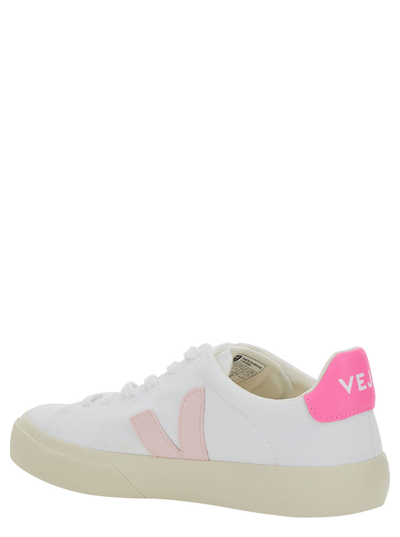 Shop Veja Campo White Low Top Sneakers With Pink Logo In Cotton Woman