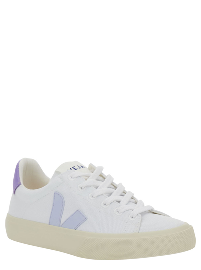 Shop Veja Campo White Low Top Sneakers With Violet Logo In Cotton Woman