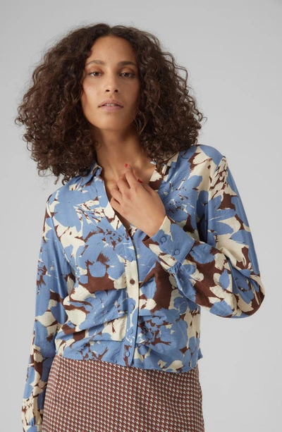 Shop Vero Moda Brita Berta Floral Print Button-up Shirt In Coronet Blue Aop:ber