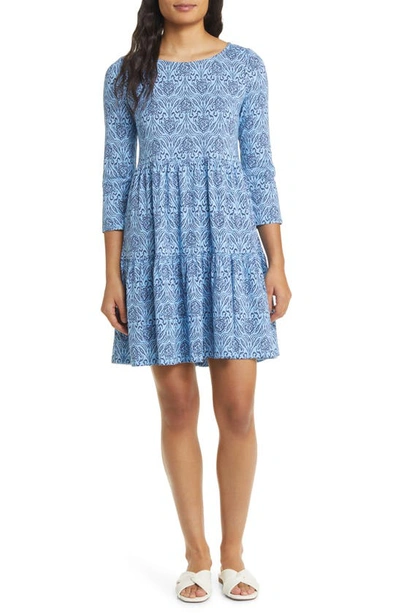 Shop Lilly Pulitzer Geanna Tiered Three-quarter Sleeve Cotton Minidress In Blue Go Your Own Wave