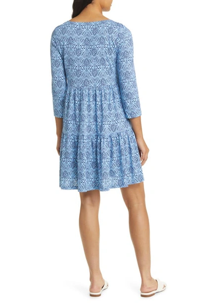 Shop Lilly Pulitzer Geanna Tiered Three-quarter Sleeve Cotton Minidress In Blue Go Your Own Wave