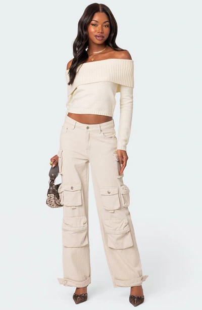 Shop Edikted Tamara Foldover Off The Shoulder Sweater In Cream