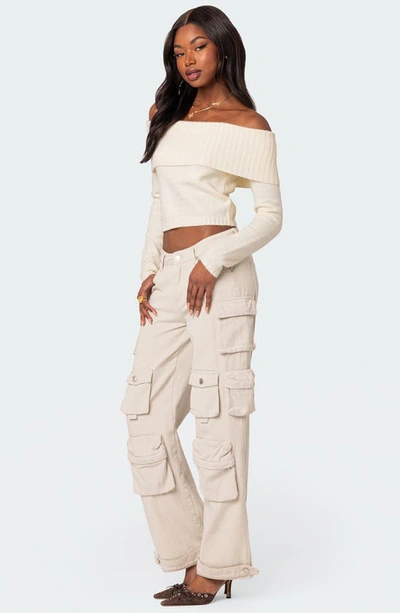 Edikted Tamara Foldover Off The Shoulder Sweater In Cream