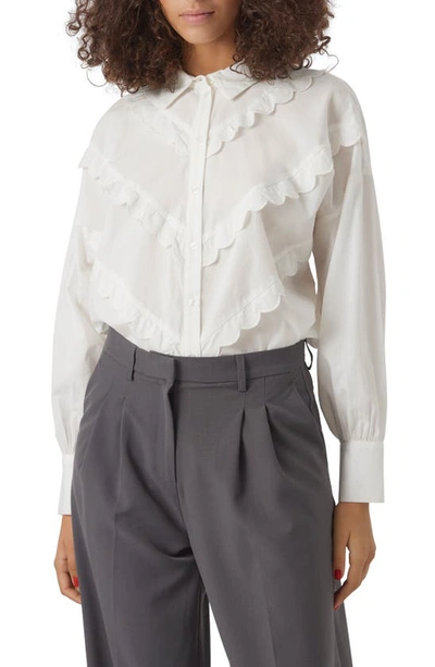 Shop Vero Moda Beate Ruffle Accent Cotton Button-up Shirt In Snow White
