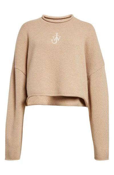 Shop Jw Anderson Anchor Logo Roll Neck Crop Cotton Sweater In Beige