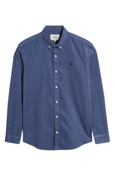 Shop Carhartt Work In Progress Madison Cotton Corduroy Button-down Shirt In Hudson Blue / Black