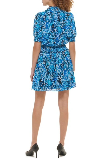 Shop Karl Lagerfeld Paris Floral Puff Sleeve Chiffon Dress In Blue Multi