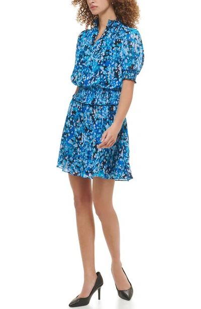 Shop Karl Lagerfeld Paris Floral Puff Sleeve Chiffon Dress In Blue Multi