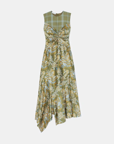 Shop Lafayette 148 Collaged Prints Silk Crepe De Chine Twisted Front Dress In Green