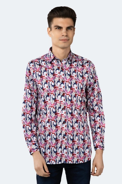 Luchiano Visconti White And Blue Check With Multicolor Swirls Shirt In Multi