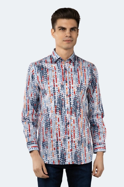 Shop Luchiano Visconti White With Teal, Orange, Blush And Navy Print Shirt In Multi