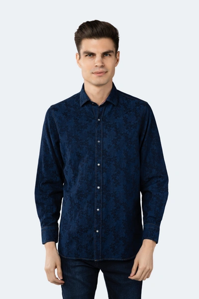 Luchiano Visconti Royal Blue Denim With Navy Floral Jacquard Shirt In Multi