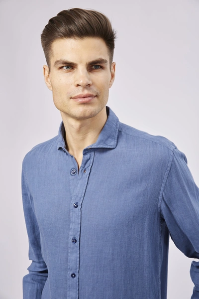 Shop Luchiano Visconti Leo Steel Blue Linen Shirt