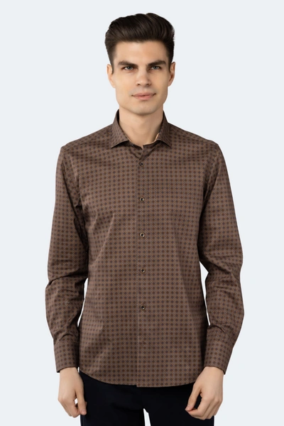 Shop Luchiano Visconti Leo Light Brown Circle And Squares Jacquard Shirt In Multi