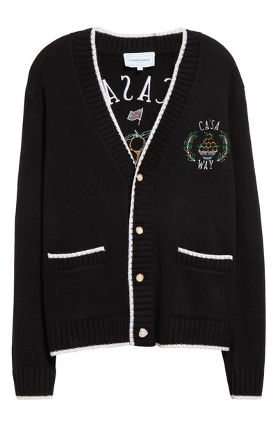Shop Casablanca Casa Way Embroidered Tipped Merino Wool & Cashmere Cardigan In Black
