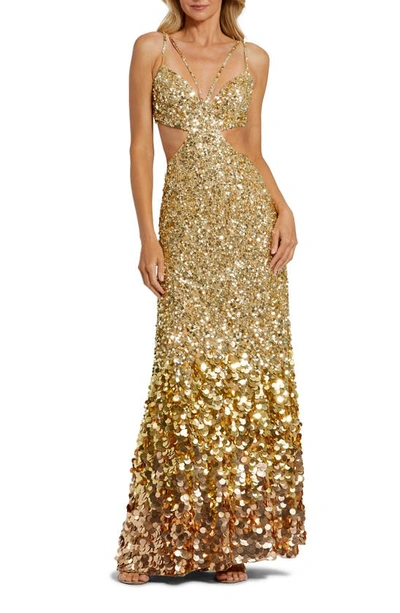 Shop Mac Duggal Sequin & Paillette Cutout Detail Gown In Gold