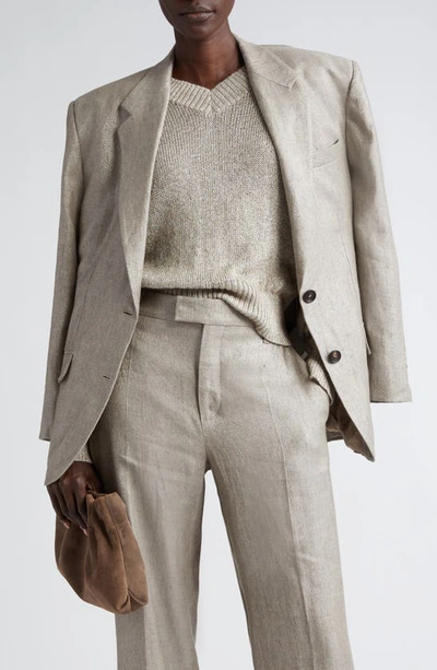Brunello Cucinelli Metallic Linen Single-breasted Blazer Jacket In Brown Grey