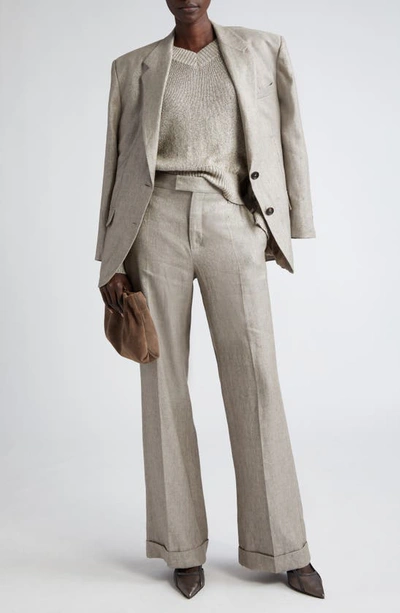 Brunello Cucinelli Metallic Linen Single-breasted Blazer Jacket In Brown Grey