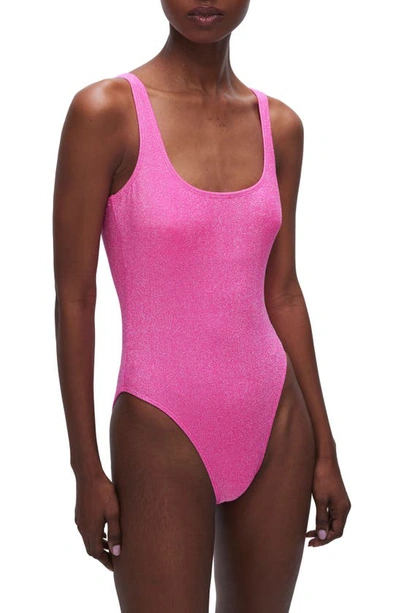 Shop Good American Sparkle Metallic One-piece Swimsuit In Knockoutpink001