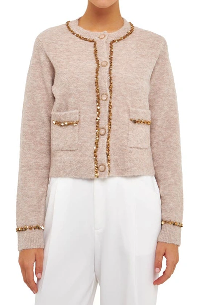 Shop Endless Rose Sequin Trim Cardigan In Taupe