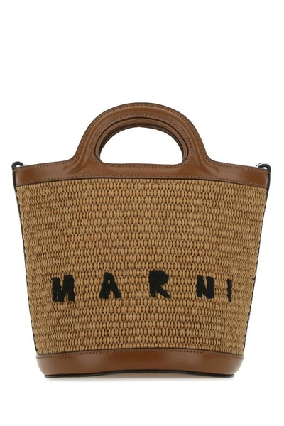Shop Marni Woman Two-tone Leather And Raffia Tropicalia Bucket Bag In Multicolor