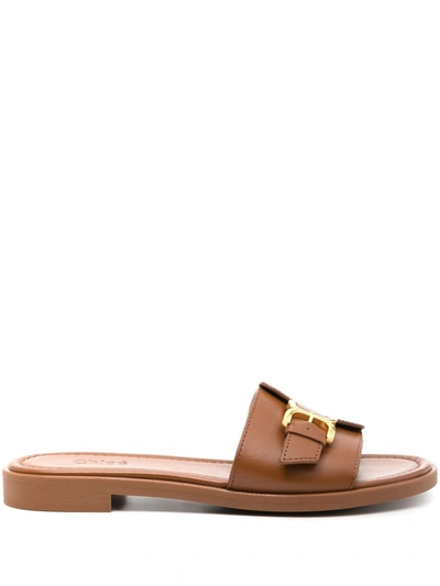Shop Chloé Marcie Leather Flat Sandals In Brown