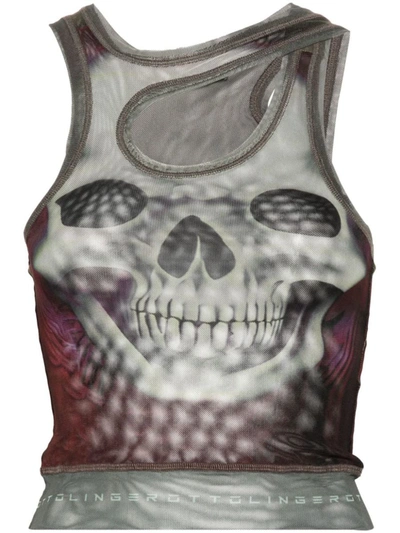 Shop Ottolinger Skull Print Mesh Tank Top In Grey