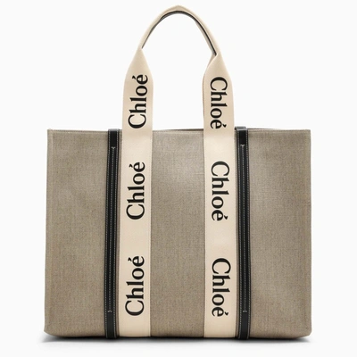 Shop Chloé Woody Large Bag In Beige/blue Canvas In White
