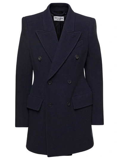 Shop Balenciaga 'hourglass' Blue Double-breasted Jacket With Peaked Revers In Brushed Wool Woman