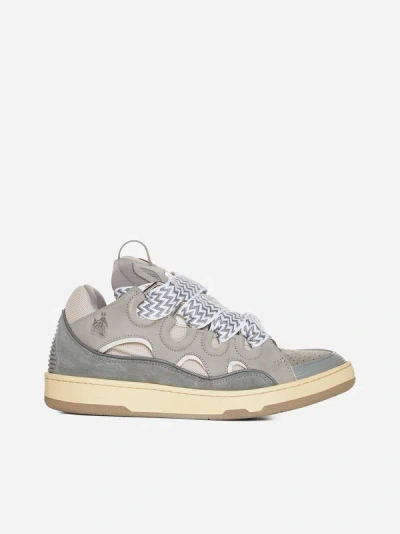 Shop Lanvin Paris Curb Leather And Fabric Sneakers In Grey