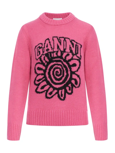 Shop Ganni Crew-neck Sweater With Logo In Pink & Purple