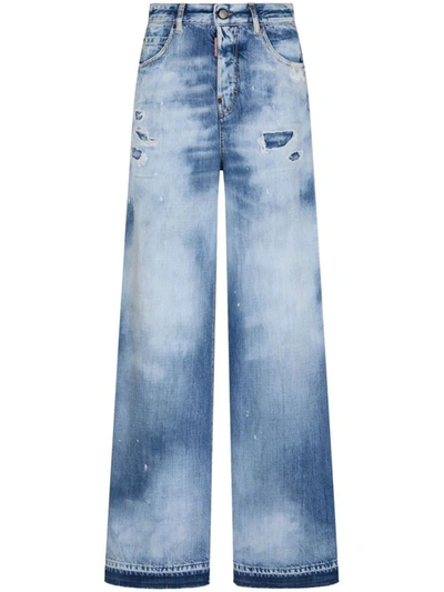 Shop Dsquared2 Distressed Wide-leg Jeans In Navy Blue