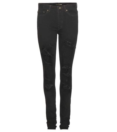 Saint Laurent Distressed Skinny Jeans In Llack Overdye Llue