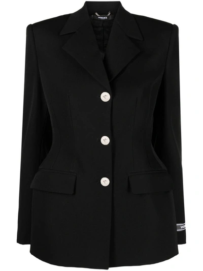 Shop Versace Embossed Buttons Blazer In Black