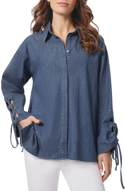 Shop Jones New York Lace-up Cuff Stretch Chambray Button-up Shirt In Dark Wash