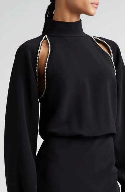 Shop Sportmax Crystal Embellished Cutout Long Sleeve Stretch Cady Dress In Black
