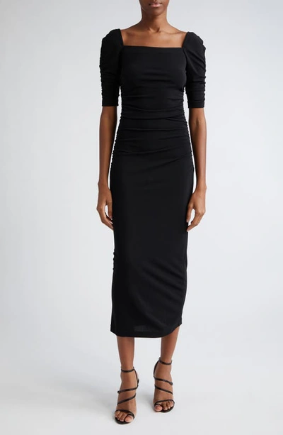 Shop Carolina Herrera Ruched Square Neck Knit Body-con Midi Dress In Black