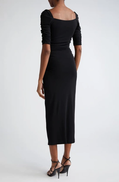 Shop Carolina Herrera Ruched Square Neck Knit Body-con Midi Dress In Black