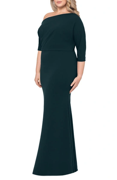 Betsy & Adam One-shoulder Scuba Crepe Gown In Pine
